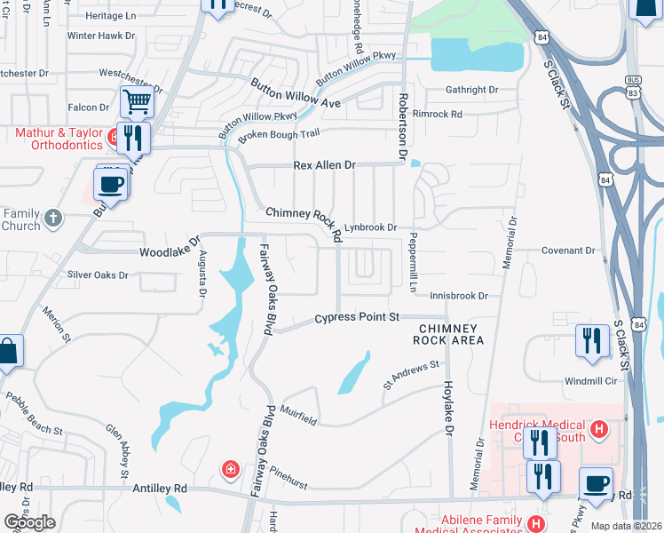 map of restaurants, bars, coffee shops, grocery stores, and more near 2526 Woodlake Drive in Abilene