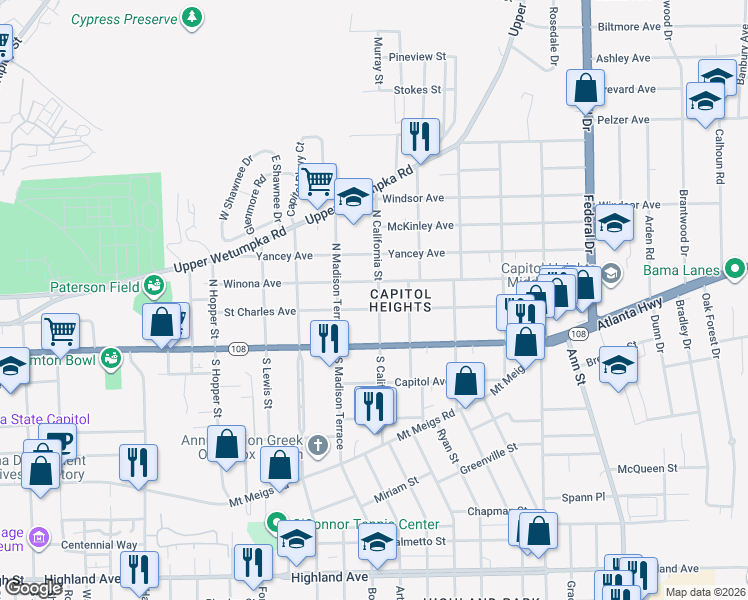 map of restaurants, bars, coffee shops, grocery stores, and more near 109 North California Street in Montgomery