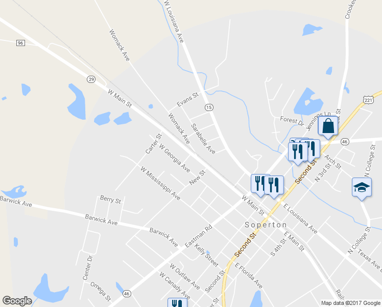 map of restaurants, bars, coffee shops, grocery stores, and more near West Main Street in Soperton