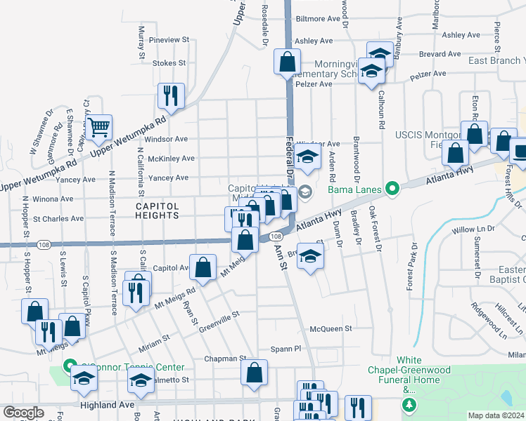 map of restaurants, bars, coffee shops, grocery stores, and more near 2307 Saint Charles Avenue in Montgomery