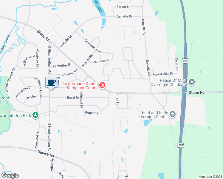 map of restaurants, bars, coffee shops, grocery stores, and more near 3212 Stone Road in Kilgore