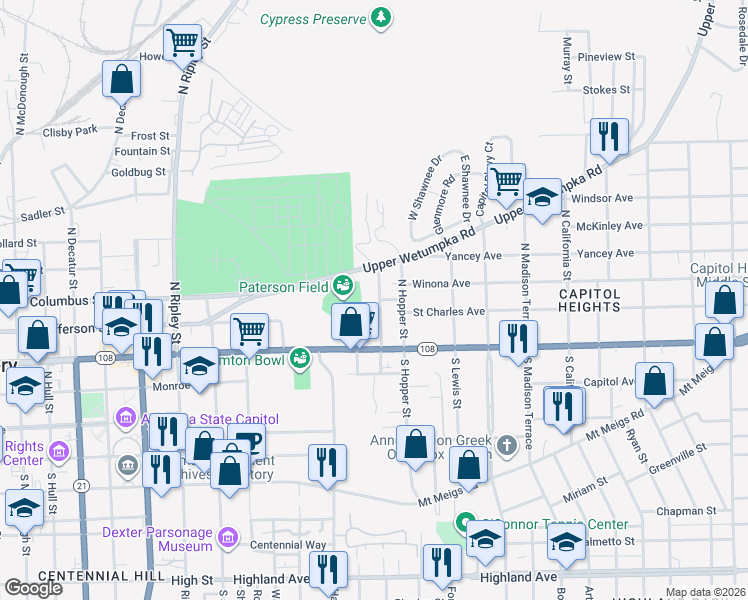 map of restaurants, bars, coffee shops, grocery stores, and more near 59 Vonora Avenue in Montgomery
