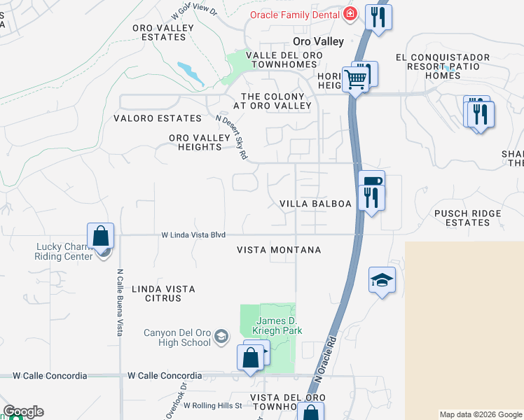 map of restaurants, bars, coffee shops, grocery stores, and more near 19 Sun Ridge Place in Oro Valley