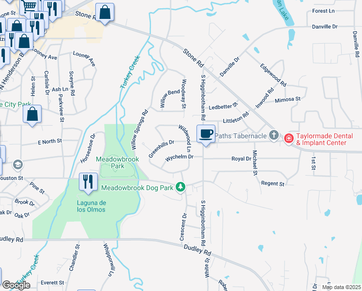 map of restaurants, bars, coffee shops, grocery stores, and more near 2512 Greenhills Drive in Kilgore