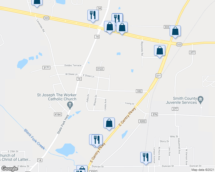 map of restaurants, bars, coffee shops, grocery stores, and more near 5675 Linwood Street in Tyler