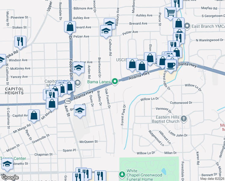 map of restaurants, bars, coffee shops, grocery stores, and more near 14 Mimosa Drive in Montgomery
