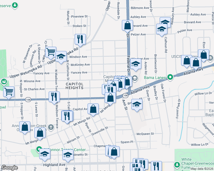 map of restaurants, bars, coffee shops, grocery stores, and more near 2212 Saint Charles Avenue in Montgomery