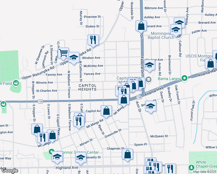 map of restaurants, bars, coffee shops, grocery stores, and more near 2137 Saint Charles Avenue in Montgomery