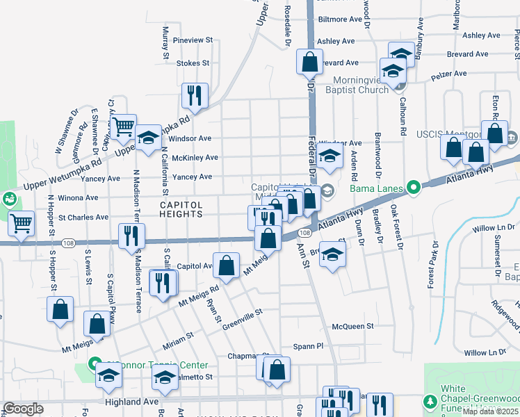 map of restaurants, bars, coffee shops, grocery stores, and more near 2205 Saint Charles Avenue in Montgomery