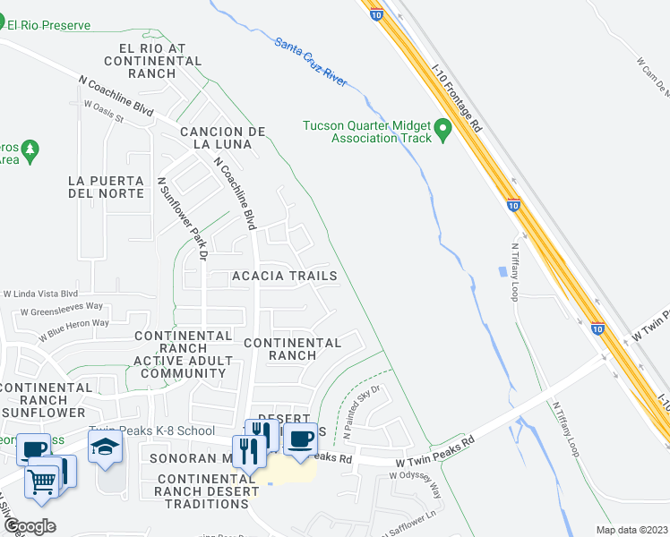 map of restaurants, bars, coffee shops, grocery stores, and more near 7413 West Dream Maker Place in Tucson