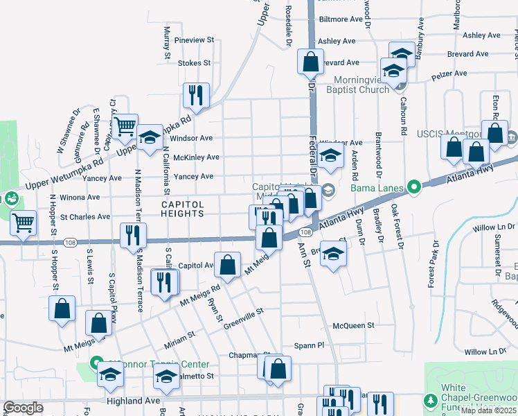 map of restaurants, bars, coffee shops, grocery stores, and more near 2212 Saint Charles Avenue in Montgomery