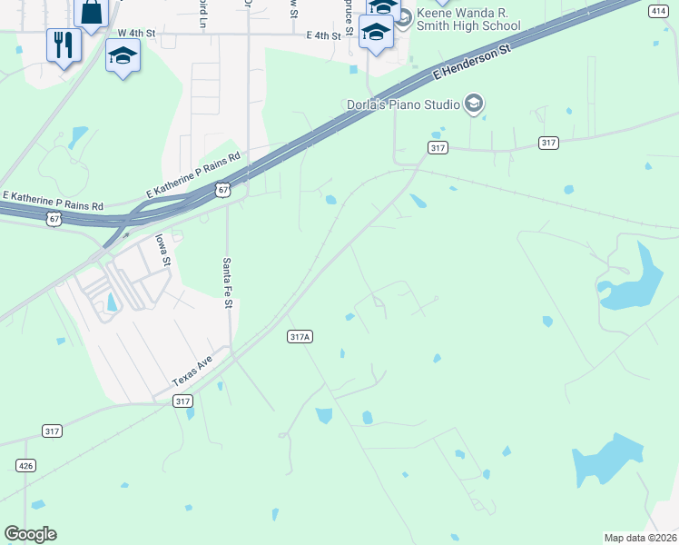 map of restaurants, bars, coffee shops, grocery stores, and more near 433 Ruby Lane in Cleburne