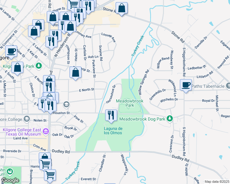 map of restaurants, bars, coffee shops, grocery stores, and more near 204 Horseshoe Dr in Kilgore