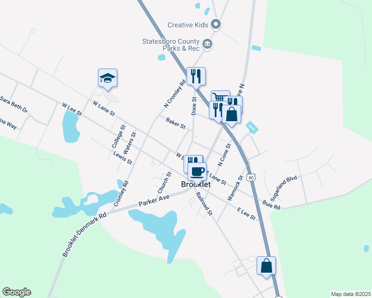 map of restaurants, bars, coffee shops, grocery stores, and more near 114 West Lane Street in Brooklet