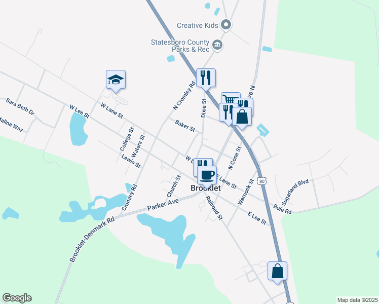 map of restaurants, bars, coffee shops, grocery stores, and more near 114 West Lane Street in Brooklet