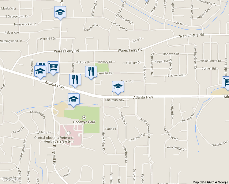 map of restaurants, bars, coffee shops, grocery stores, and more near 10 Van Allen Dr in Montgomery
