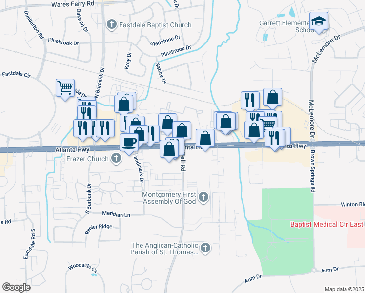 map of restaurants, bars, coffee shops, grocery stores, and more near in Montgomery