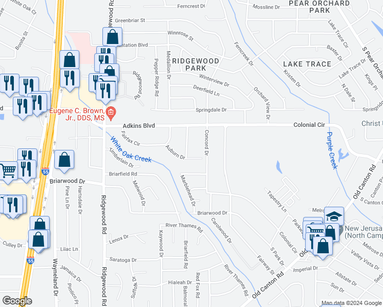 map of restaurants, bars, coffee shops, grocery stores, and more near 1110 Auburn Drive in Jackson