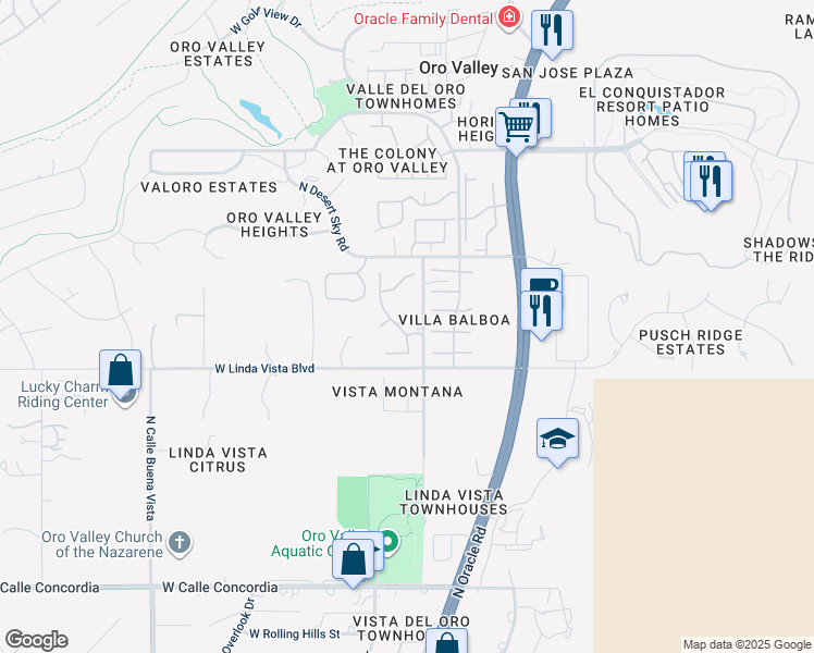 map of restaurants, bars, coffee shops, grocery stores, and more near 116 East Ridge Glow Place in Tucson