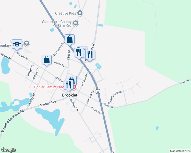map of restaurants, bars, coffee shops, grocery stores, and more near 211 Elm Drive in Brooklet