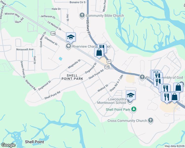 map of restaurants, bars, coffee shops, grocery stores, and more near 3004 Shell Point Road in Beaufort