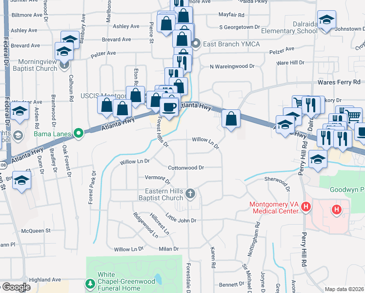 map of restaurants, bars, coffee shops, grocery stores, and more near 223 Forest Hills Drive in Montgomery