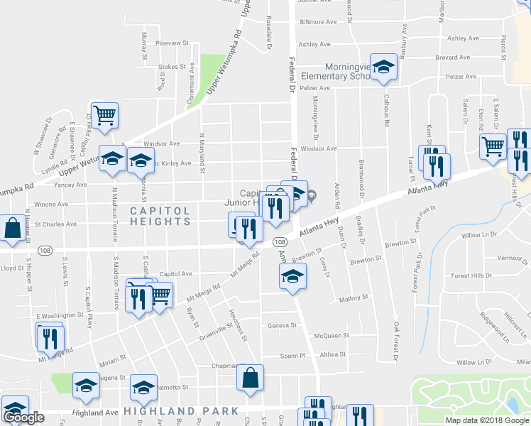 map of restaurants, bars, coffee shops, grocery stores, and more near 2307 Saint Charles Avenue in Montgomery