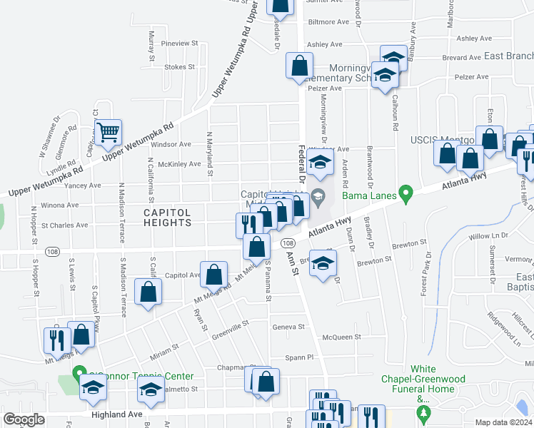 map of restaurants, bars, coffee shops, grocery stores, and more near 2307 Saint Charles Avenue in Montgomery