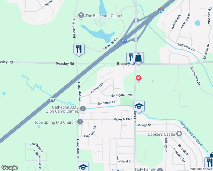 map of restaurants, bars, coffee shops, grocery stores, and more near 165 Bedford Lane in Jackson