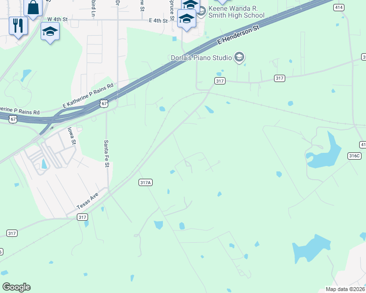 map of restaurants, bars, coffee shops, grocery stores, and more near 433 Ruby Lane in Cleburne
