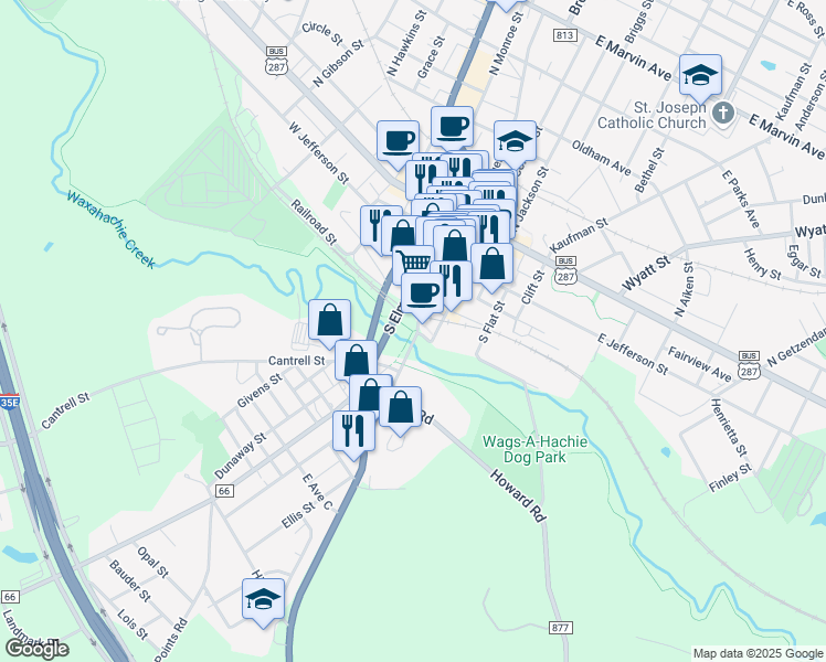 map of restaurants, bars, coffee shops, grocery stores, and more near Waxahachie Creek Hike & Bike Trail in Waxahachie