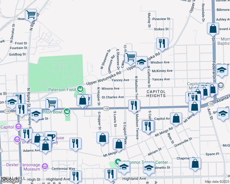 map of restaurants, bars, coffee shops, grocery stores, and more near 102 North Lewis Street in Montgomery