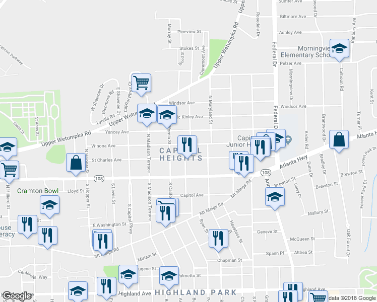 map of restaurants, bars, coffee shops, grocery stores, and more near 2000 Winona Avenue in Montgomery