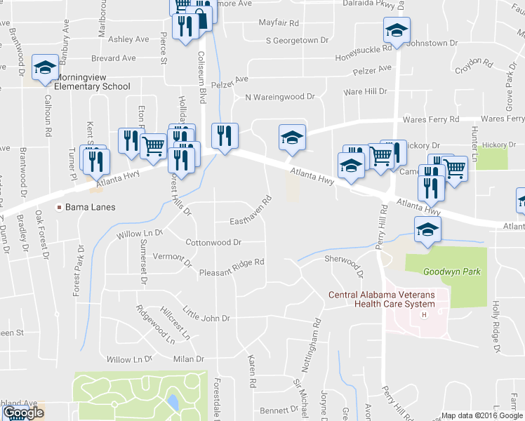 map of restaurants, bars, coffee shops, grocery stores, and more near 209 Easthaven Road in Montgomery