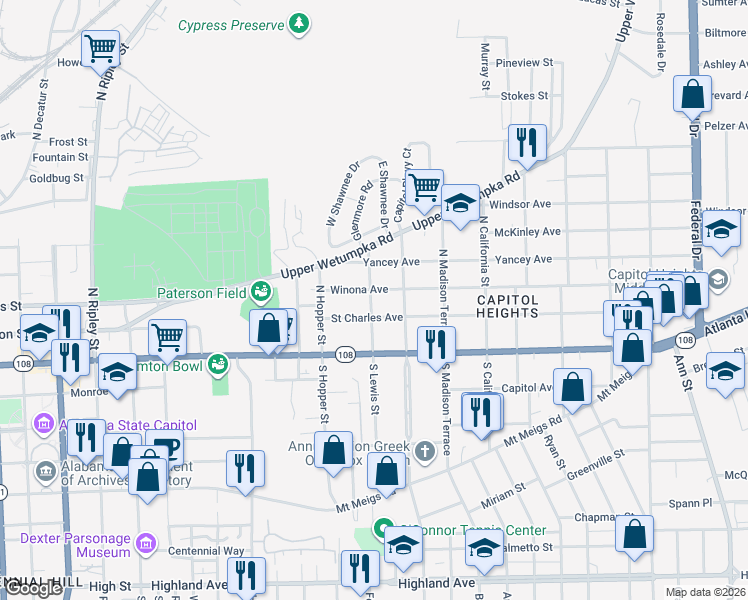 map of restaurants, bars, coffee shops, grocery stores, and more near 102 North Lewis Street in Montgomery