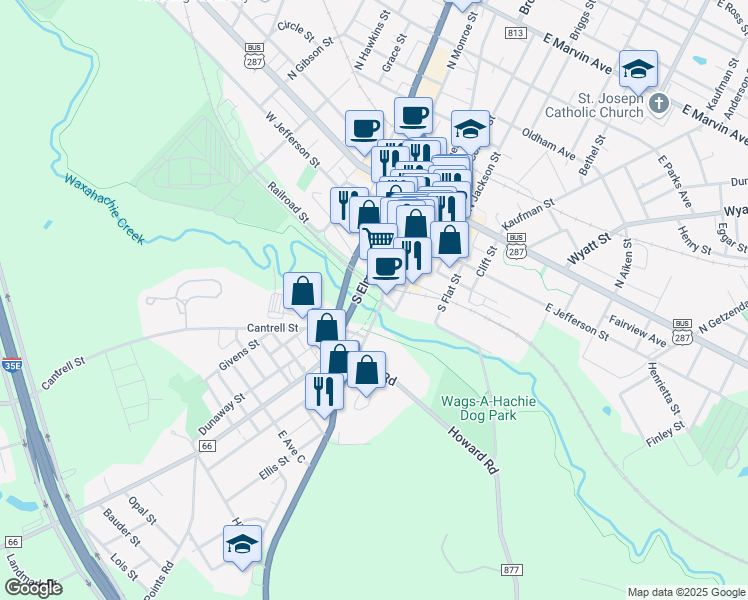 map of restaurants, bars, coffee shops, grocery stores, and more near Waxahachie Creek Hike & Bike Trail in Waxahachie