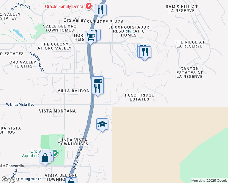 map of restaurants, bars, coffee shops, grocery stores, and more near 9701 North Cliff View Place in Oro Valley
