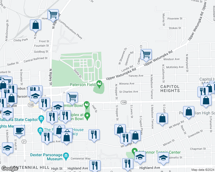 map of restaurants, bars, coffee shops, grocery stores, and more near 107 Vonora Street in Montgomery