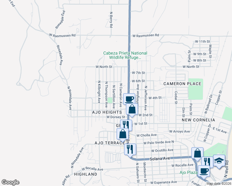 map of restaurants, bars, coffee shops, grocery stores, and more near 1201 North Cameron Avenue in Ajo
