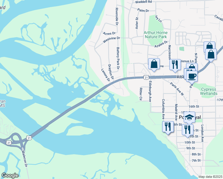 map of restaurants, bars, coffee shops, grocery stores, and more near 2004 Berkeley Circle in Port Royal
