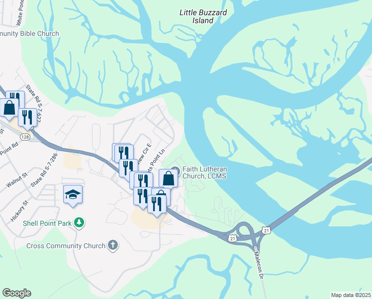 map of restaurants, bars, coffee shops, grocery stores, and more near 123 Integra Wharf Drive in Beaufort