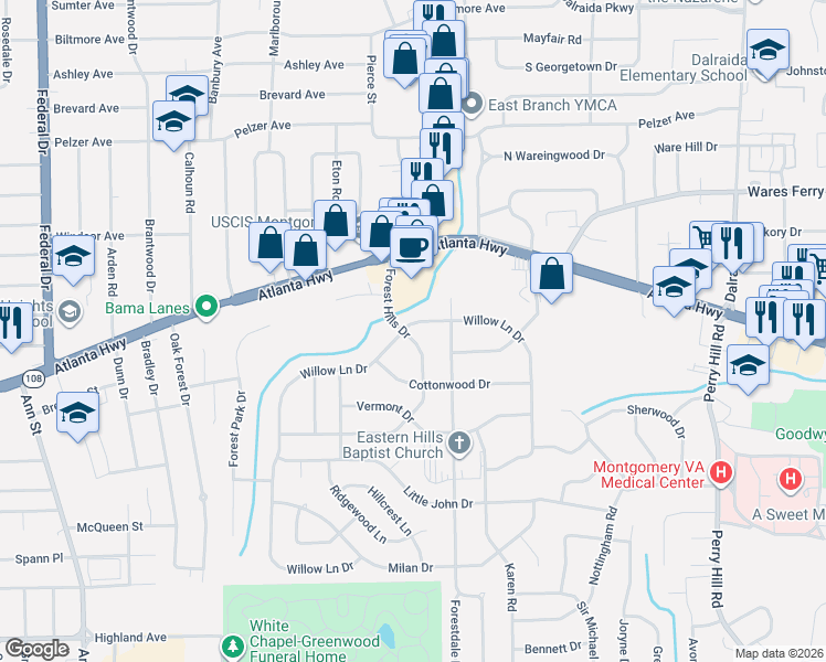 map of restaurants, bars, coffee shops, grocery stores, and more near 223 Forest Hills Drive in Montgomery