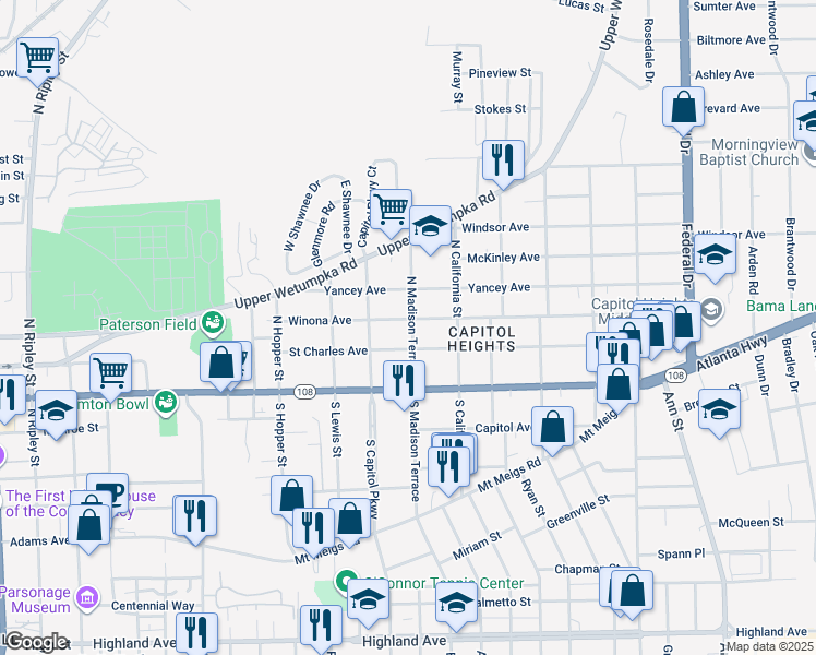 map of restaurants, bars, coffee shops, grocery stores, and more near 1742 Winona Avenue in Montgomery