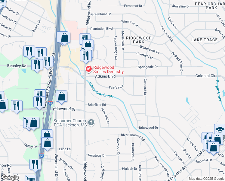 map of restaurants, bars, coffee shops, grocery stores, and more near 915 Fairfax Circle in Jackson