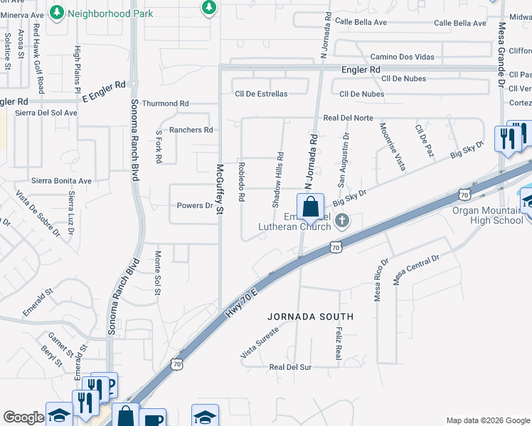 map of restaurants, bars, coffee shops, grocery stores, and more near 5750 Shadow Hills Road in Las Cruces