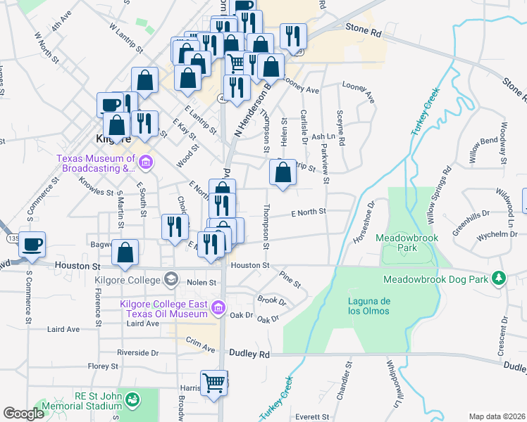 map of restaurants, bars, coffee shops, grocery stores, and more near 1204 East North Street in Kilgore