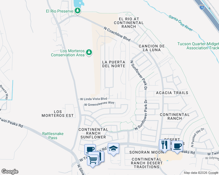 map of restaurants, bars, coffee shops, grocery stores, and more near 9700 West Dos Rotundo Drive in Tucson