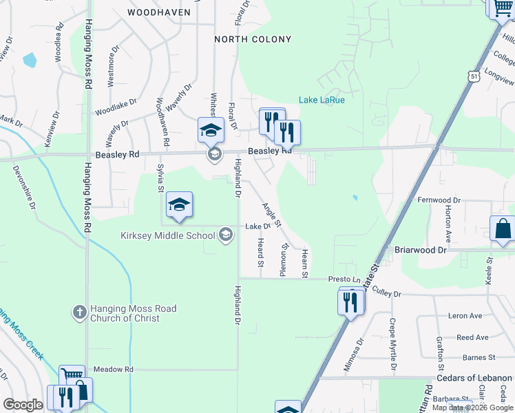 map of restaurants, bars, coffee shops, grocery stores, and more near 446 Lake Drive in Jackson