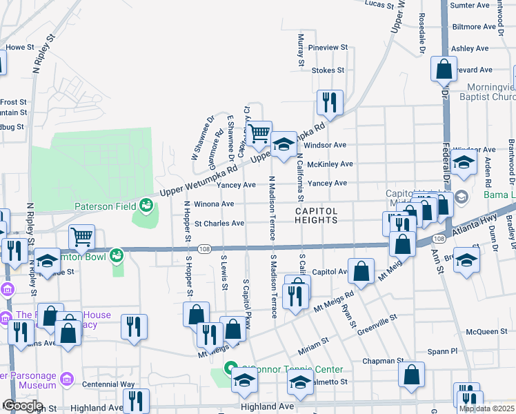map of restaurants, bars, coffee shops, grocery stores, and more near 1718 Winona Avenue in Montgomery