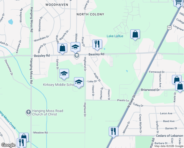 map of restaurants, bars, coffee shops, grocery stores, and more near 446 Lake Drive in Jackson